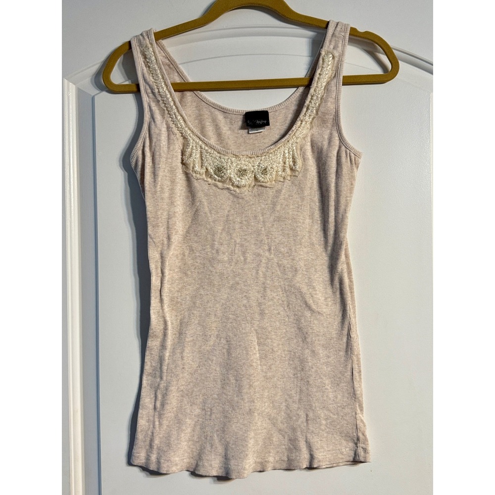 Daytrip Tank Top Medium Beige Beaded Lace Trim Ribbed Cotton Boho‎ Fairycore